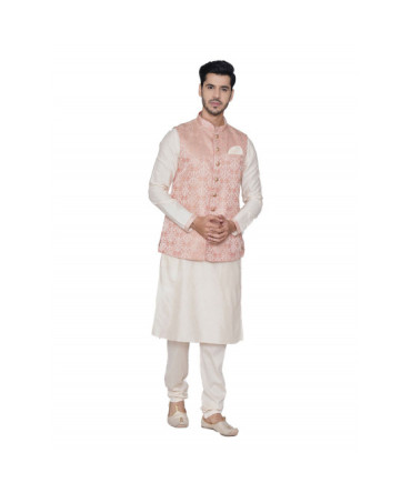 Off-White Kurta and Pink Jacket Set 